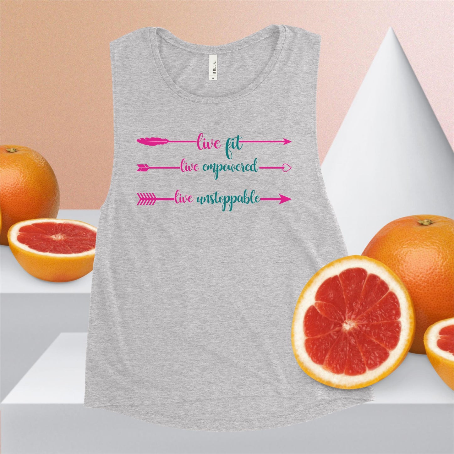 Live Fit, Live Empowered, Live Unstoppable Women's Fitness T-Shirt (Pink & Teal Logo)