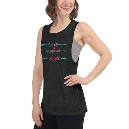 Live Fit, Live Empowered, Live Unstoppable Women's Fitness T-Shirt (Teal & Pink Logo)