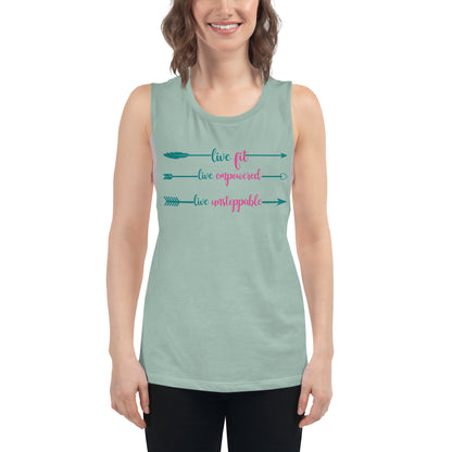 Live Fit, Live Empowered, Live Unstoppable Women's Fitness T-Shirt (Teal & Pink Logo)