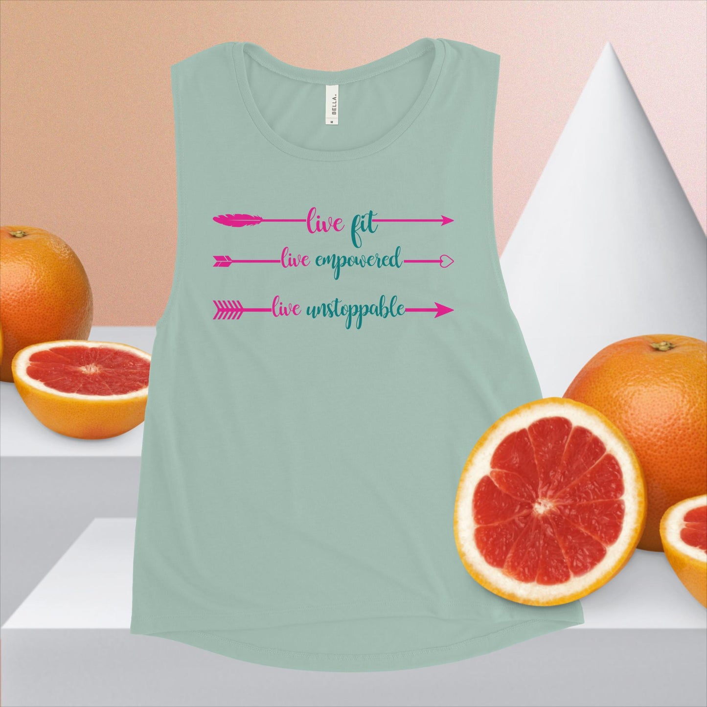 Live Fit, Live Empowered, Live Unstoppable Women's Fitness T-Shirt (Pink & Teal Logo)