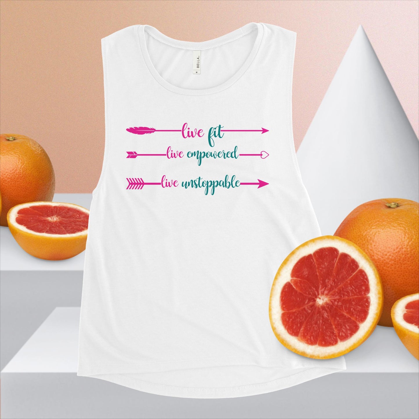 Live Fit, Live Empowered, Live Unstoppable Women's Fitness T-Shirt (Pink & Teal Logo)
