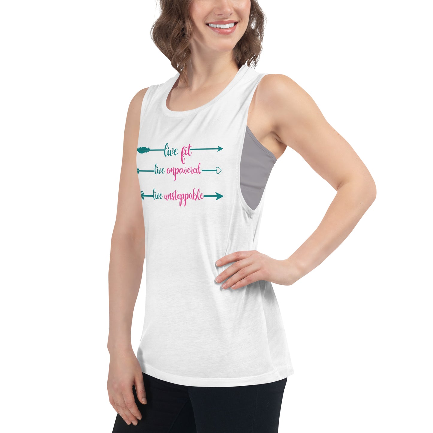 Live Fit, Live Empowered, Live Unstoppable Women's Fitness T-Shirt (Teal & Pink Logo)