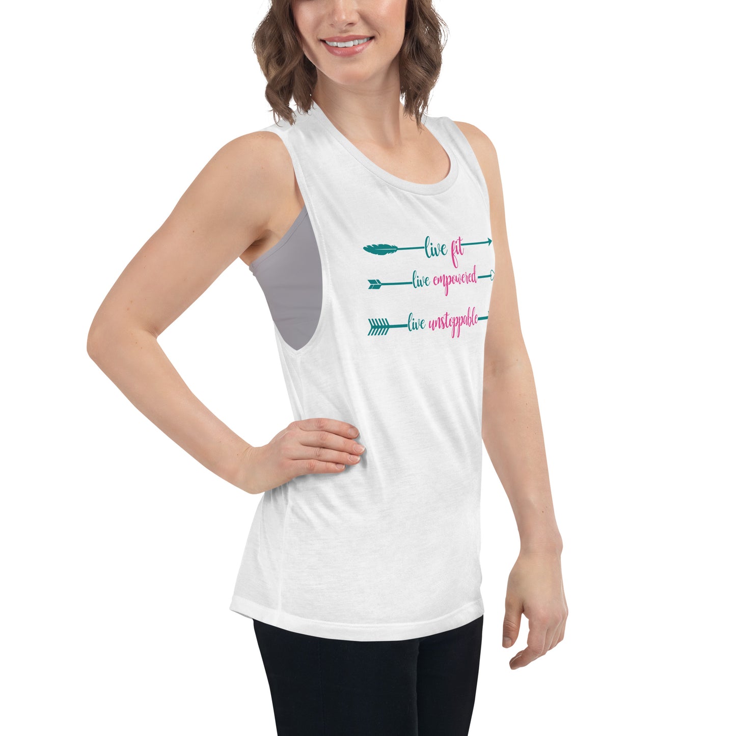 Live Fit, Live Empowered, Live Unstoppable Women's Fitness T-Shirt (Teal & Pink Logo)