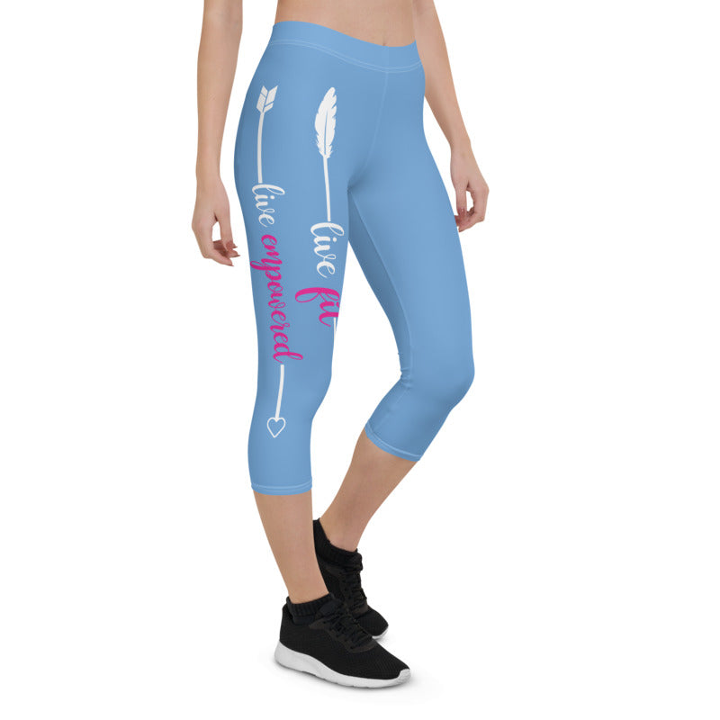 Live Fit, Live Empowered, Live Unstoppable (Blue & White Logo)Women's Fitness Capri Leggings