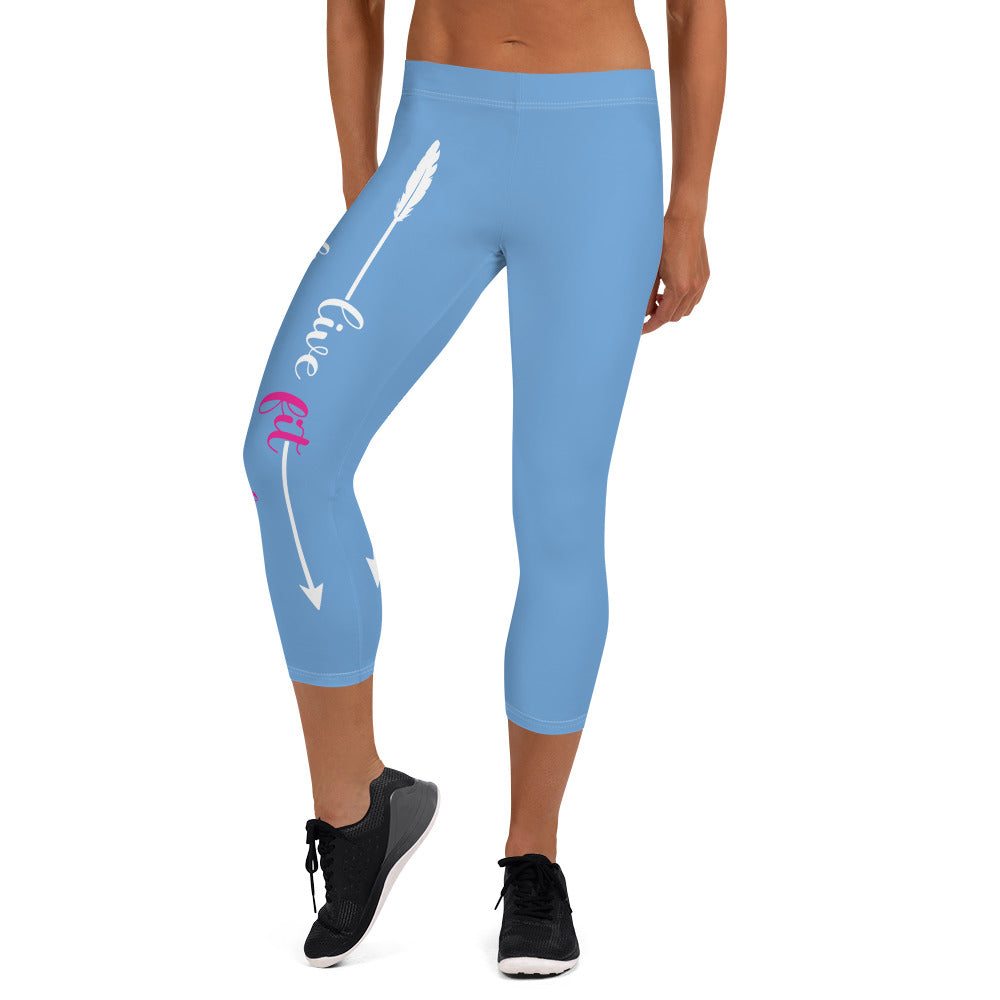 Live Fit, Live Empowered, Live Unstoppable (Blue & White Logo)Women's Fitness Capri Leggings