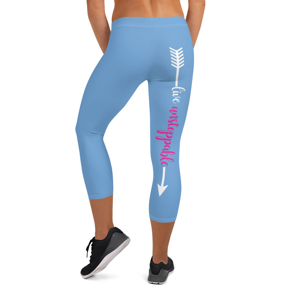 Live Fit, Live Empowered, Live Unstoppable (Blue & White Logo)Women's Fitness Capri Leggings