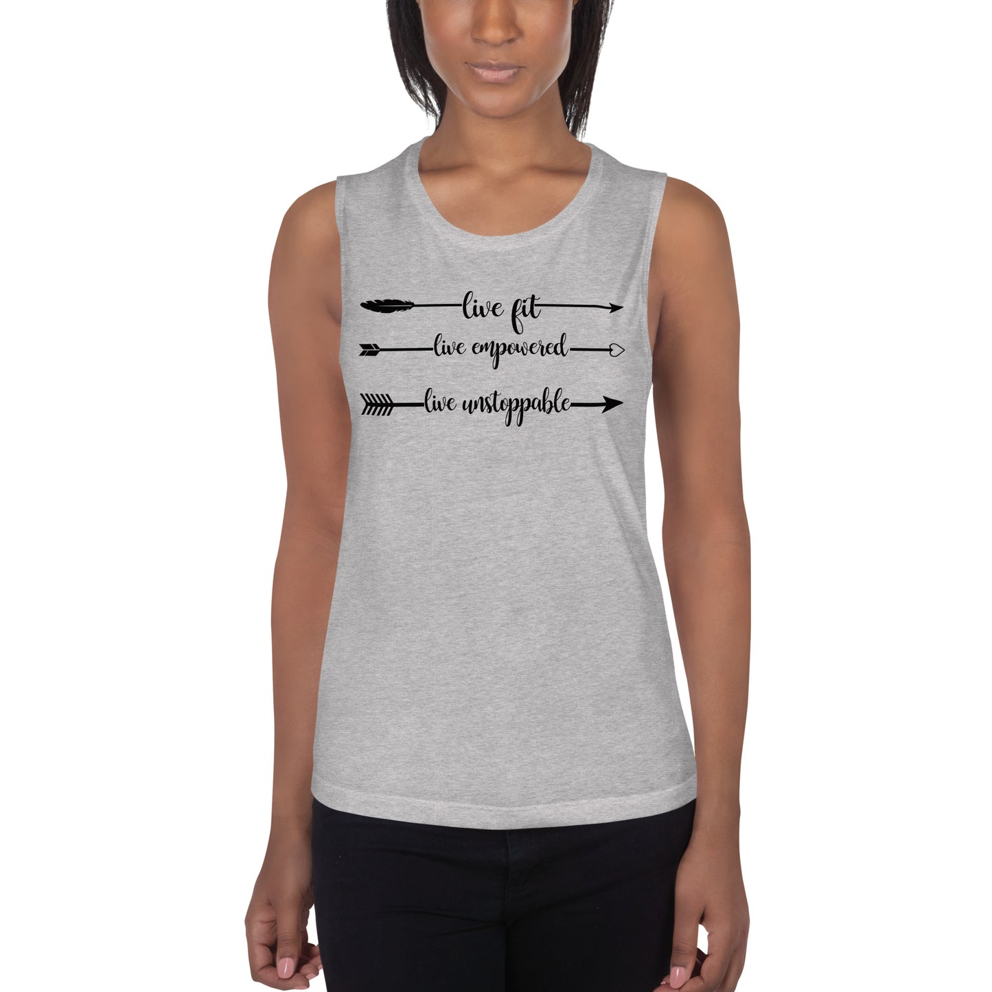 Live Fit, Live Empowered, Live Unstoppable Women's Fitness T-Shirt (Black Logo)