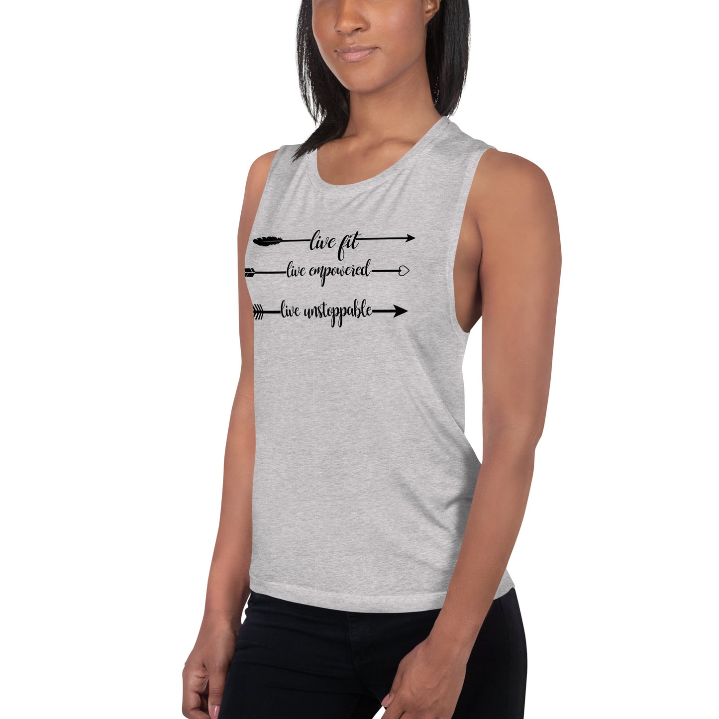 Live Fit, Live Empowered, Live Unstoppable Women's Fitness T-Shirt (Black Logo)