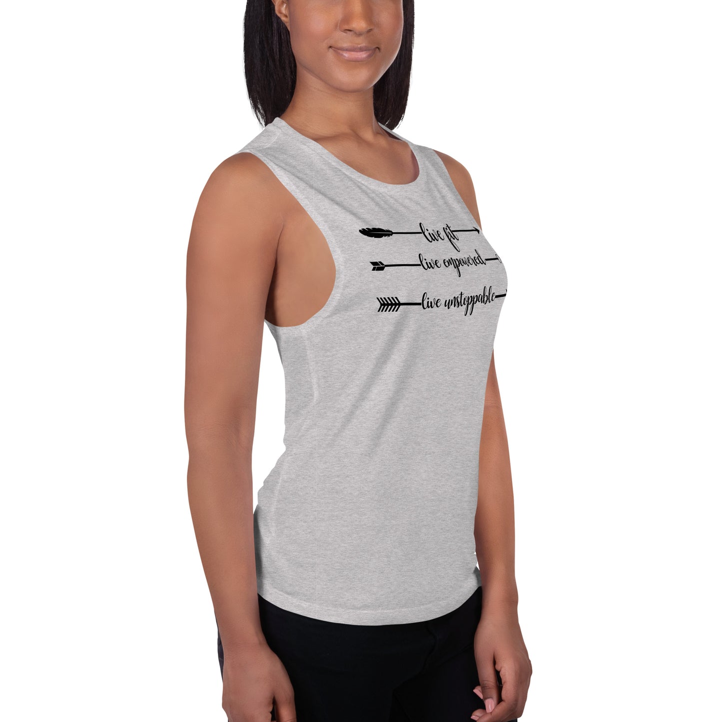 Live Fit, Live Empowered, Live Unstoppable Women's Fitness T-Shirt (Black Logo)