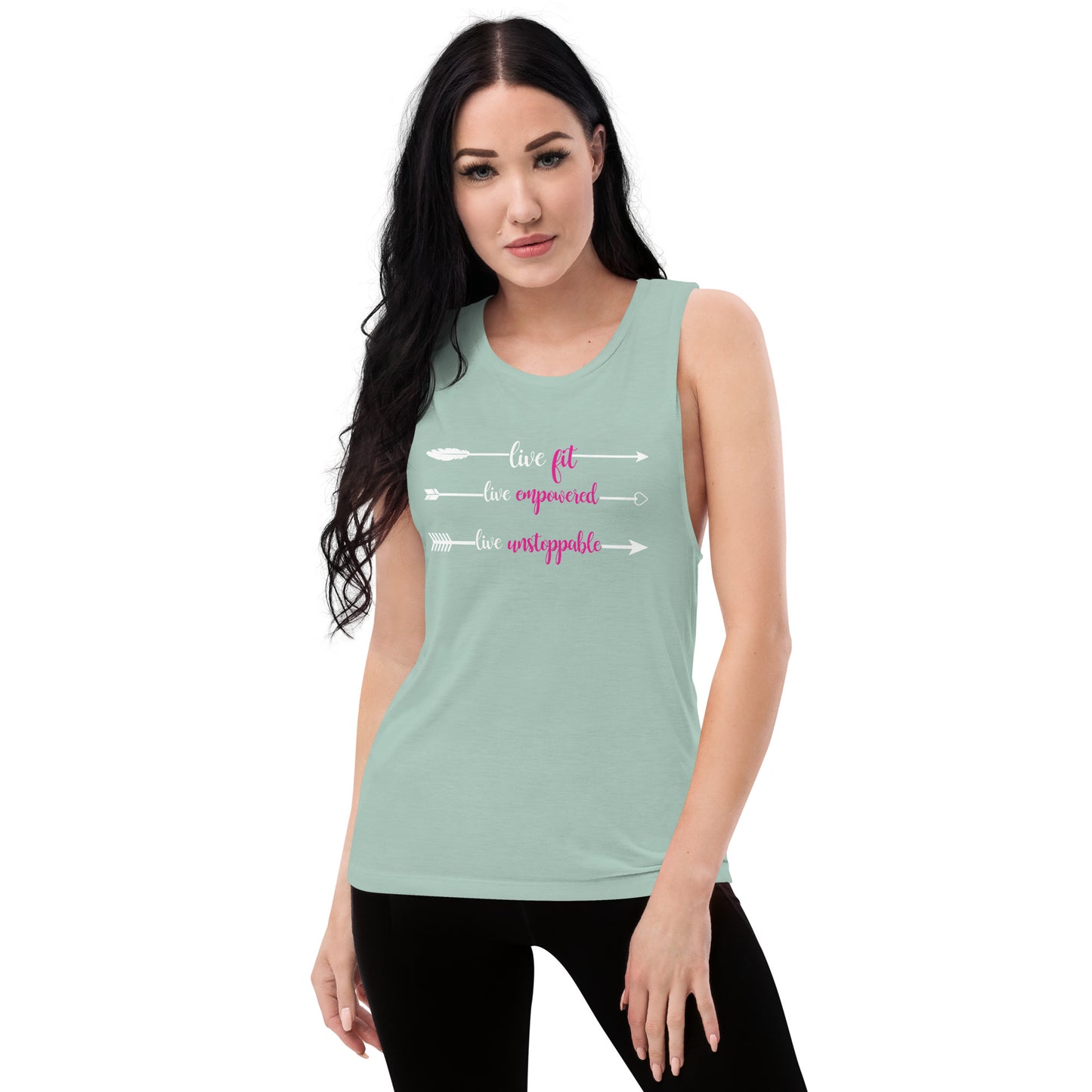Live Fit Live Empowered Live Unstoppable Fitness T-Shirt (Pink & White Logo)