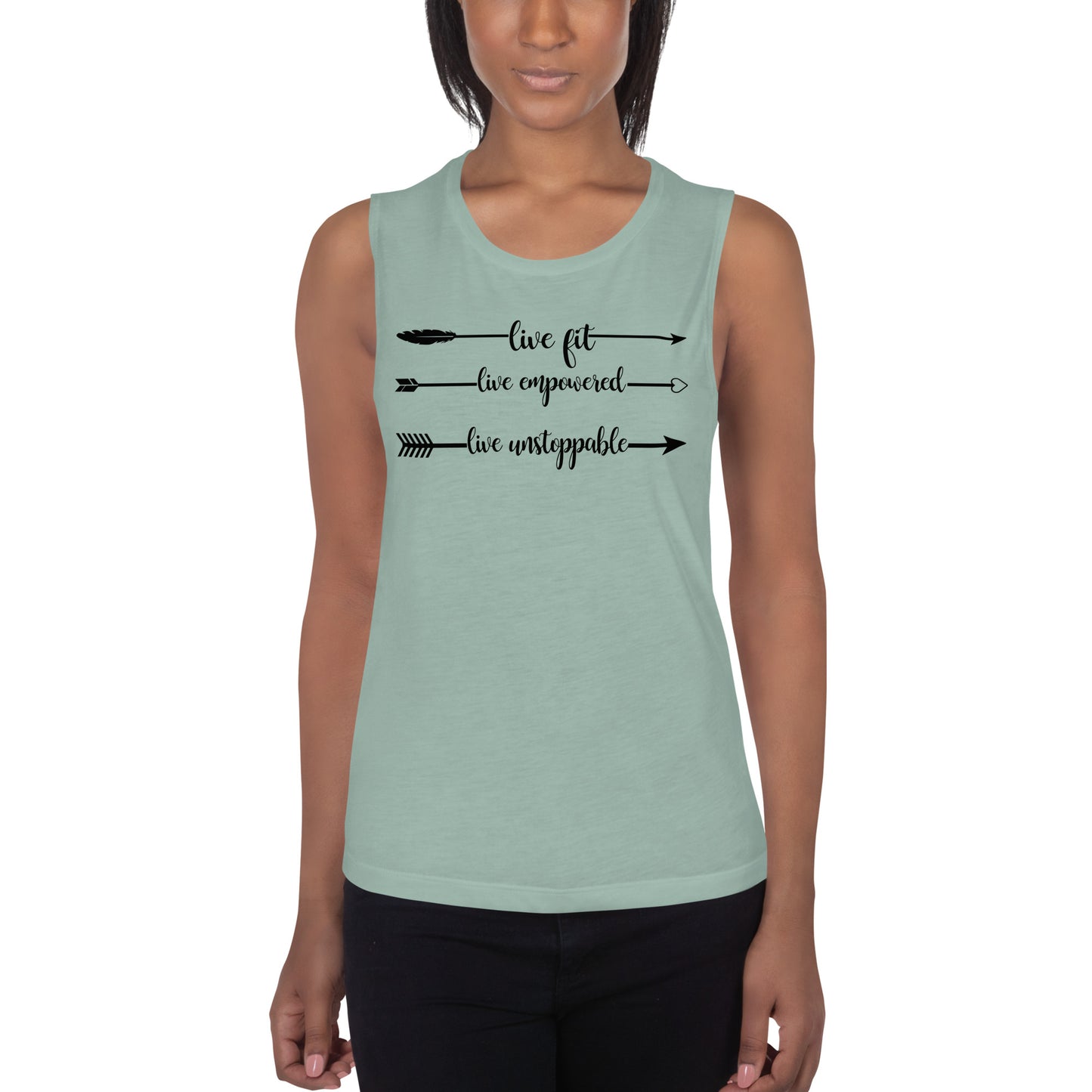 Live Fit, Live Empowered, Live Unstoppable Women's Fitness T-Shirt (Black Logo)