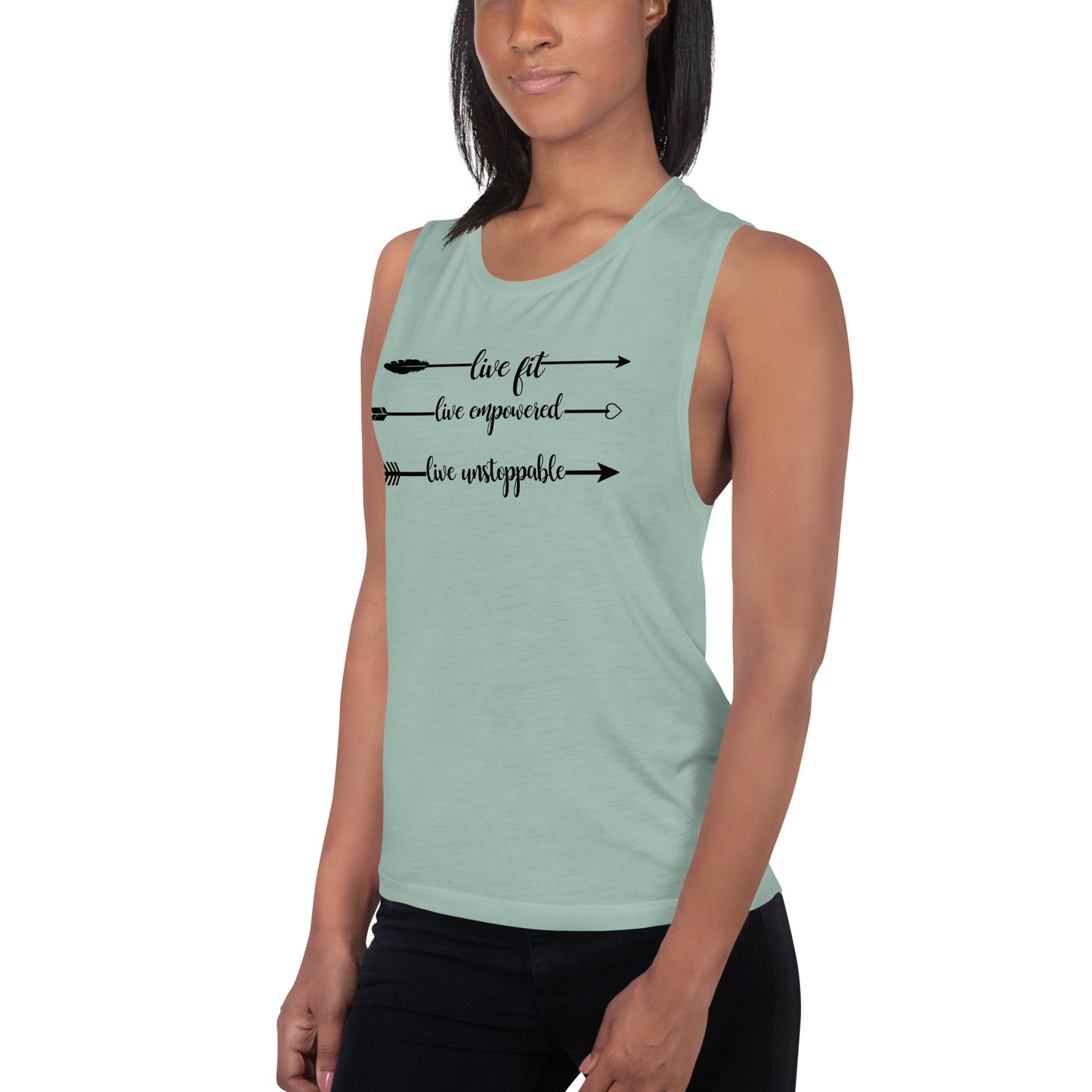 Live Fit, Live Empowered, Live Unstoppable Women's Fitness T-Shirt (Black Logo)