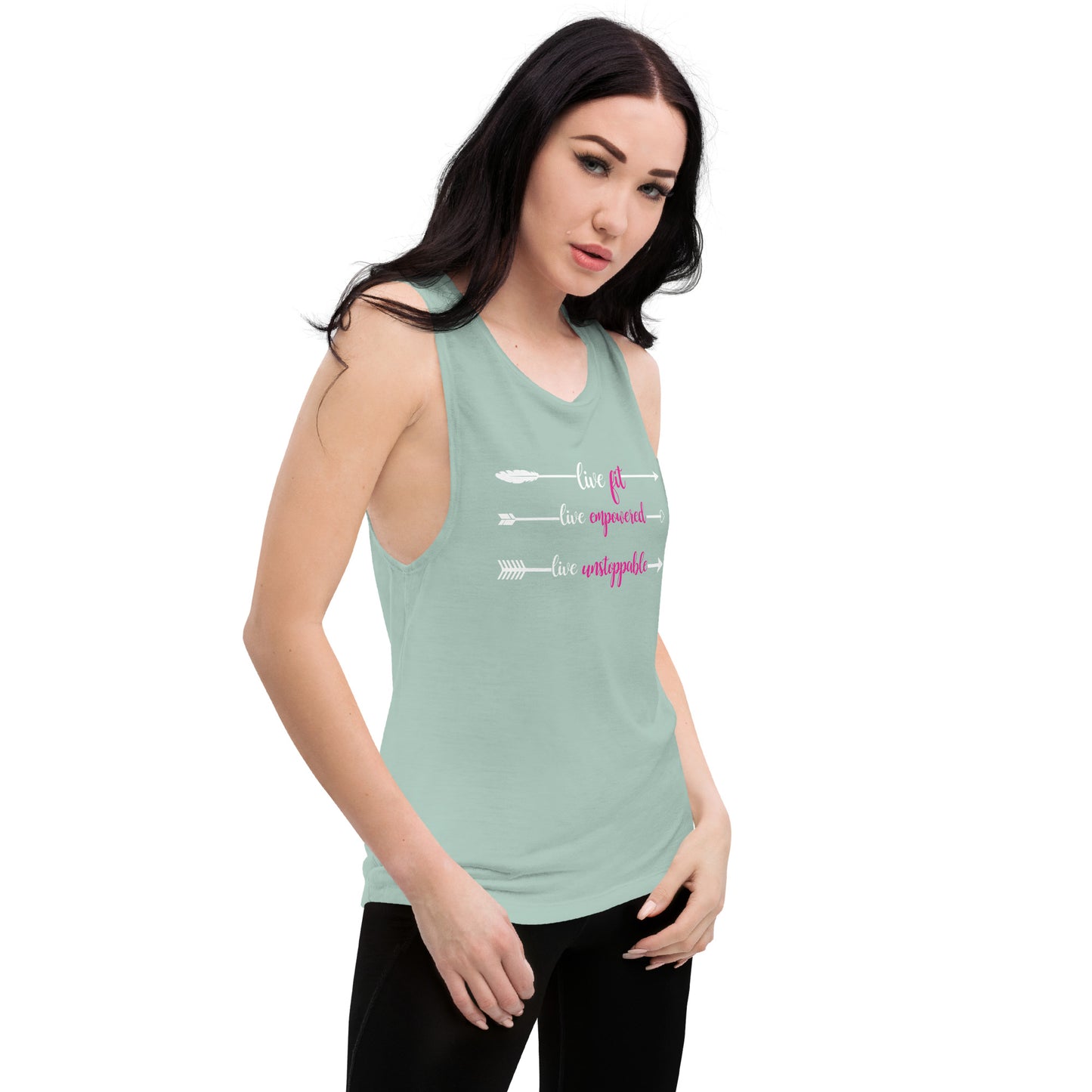 Live Fit Live Empowered Live Unstoppable Fitness T-Shirt (Pink & White Logo)