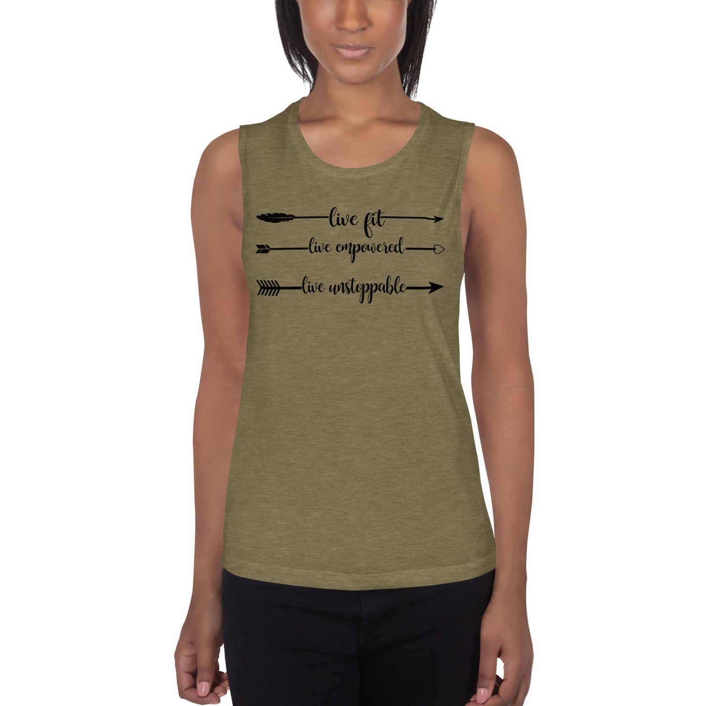 Live Fit, Live Empowered, Live Unstoppable Women's Fitness T-Shirt (Black Logo)