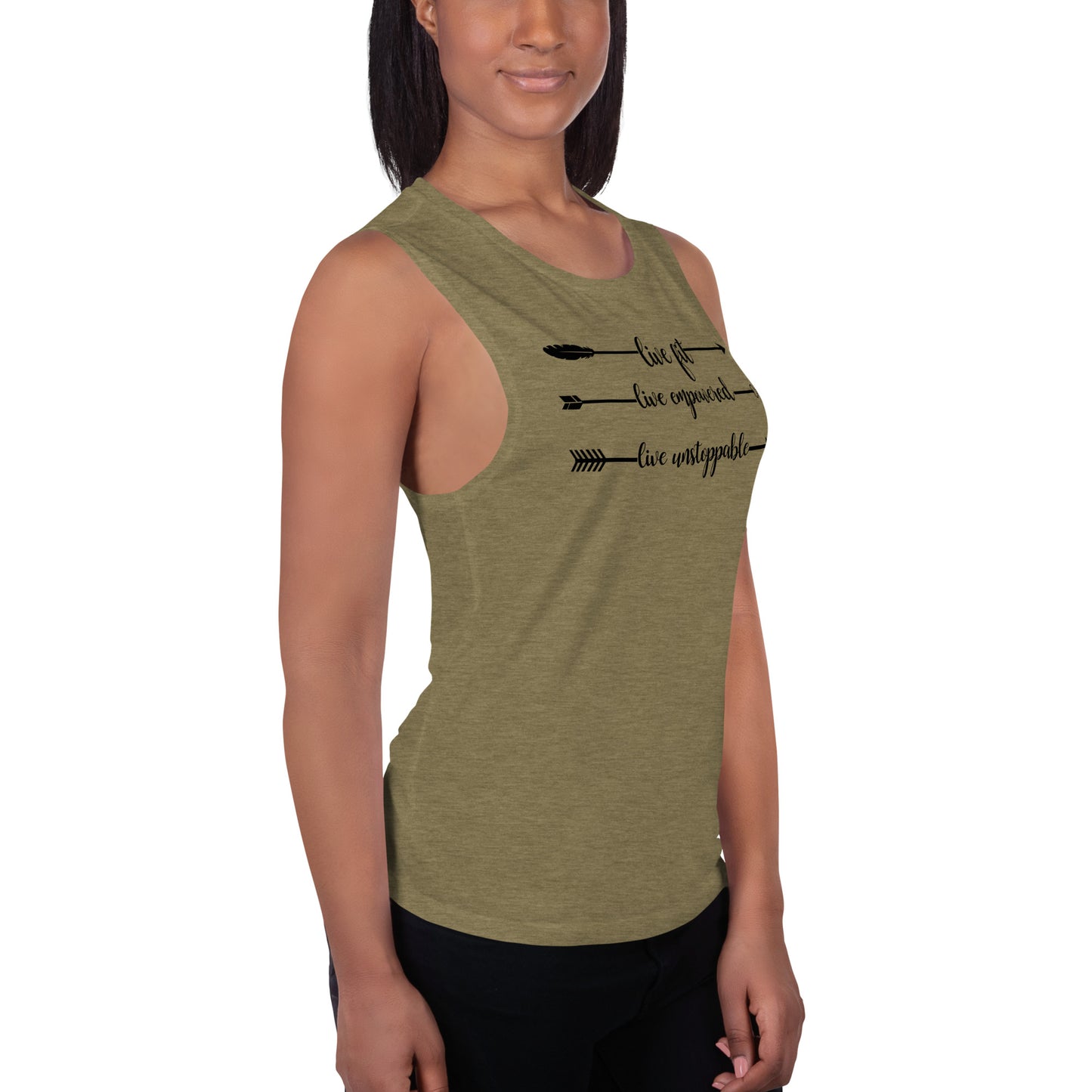 Live Fit, Live Empowered, Live Unstoppable Women's Fitness T-Shirt (Black Logo)