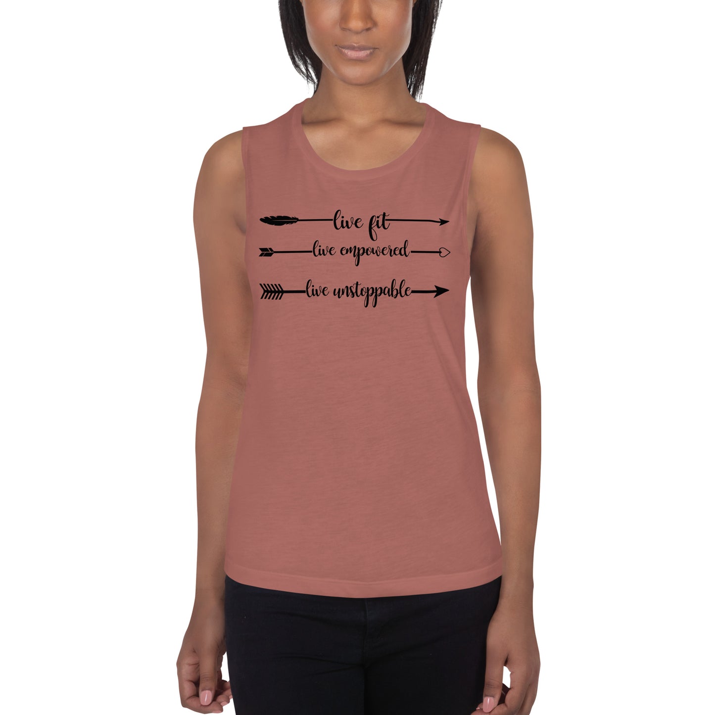 Live Fit, Live Empowered, Live Unstoppable Women's Fitness T-Shirt (Black Logo)