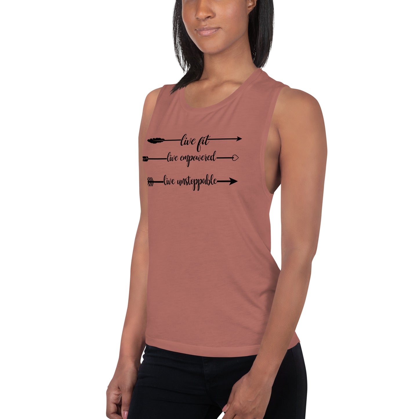 Live Fit, Live Empowered, Live Unstoppable Women's Fitness T-Shirt (Black Logo)