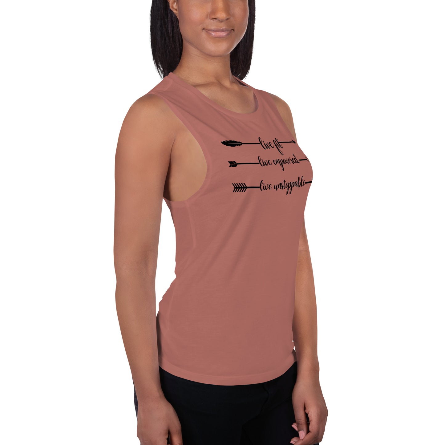 Live Fit, Live Empowered, Live Unstoppable Women's Fitness T-Shirt (Black Logo)