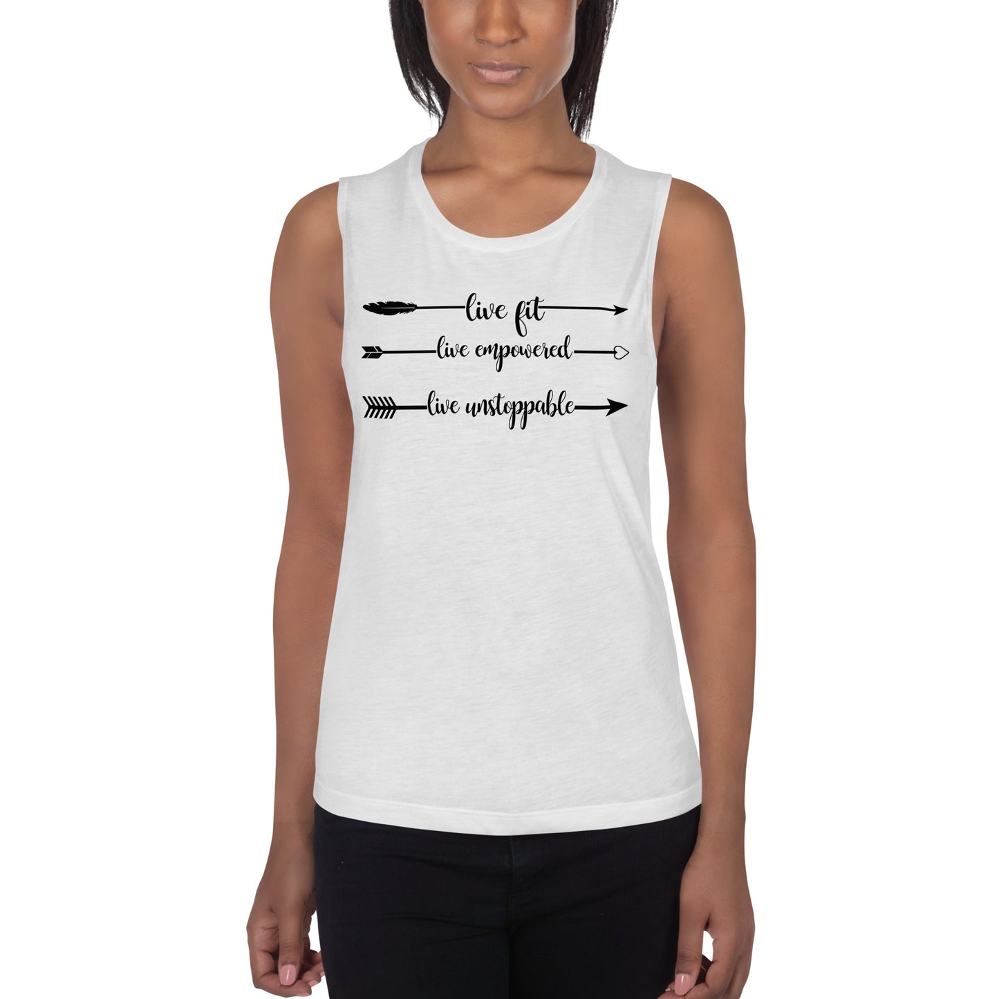 Live Fit, Live Empowered, Live Unstoppable Women's Fitness T-Shirt (Black Logo)