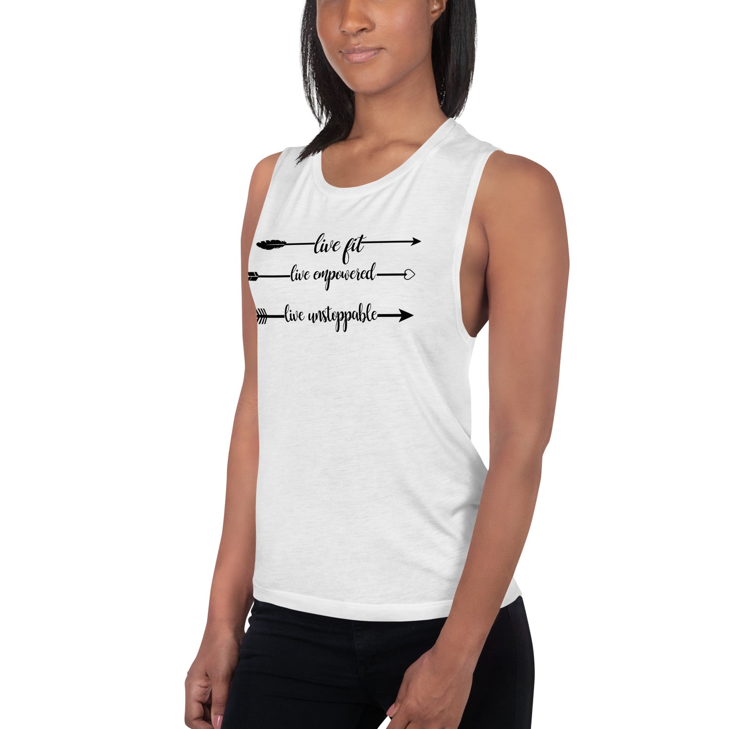 Live Fit, Live Empowered, Live Unstoppable Women's Fitness T-Shirt (Black Logo)