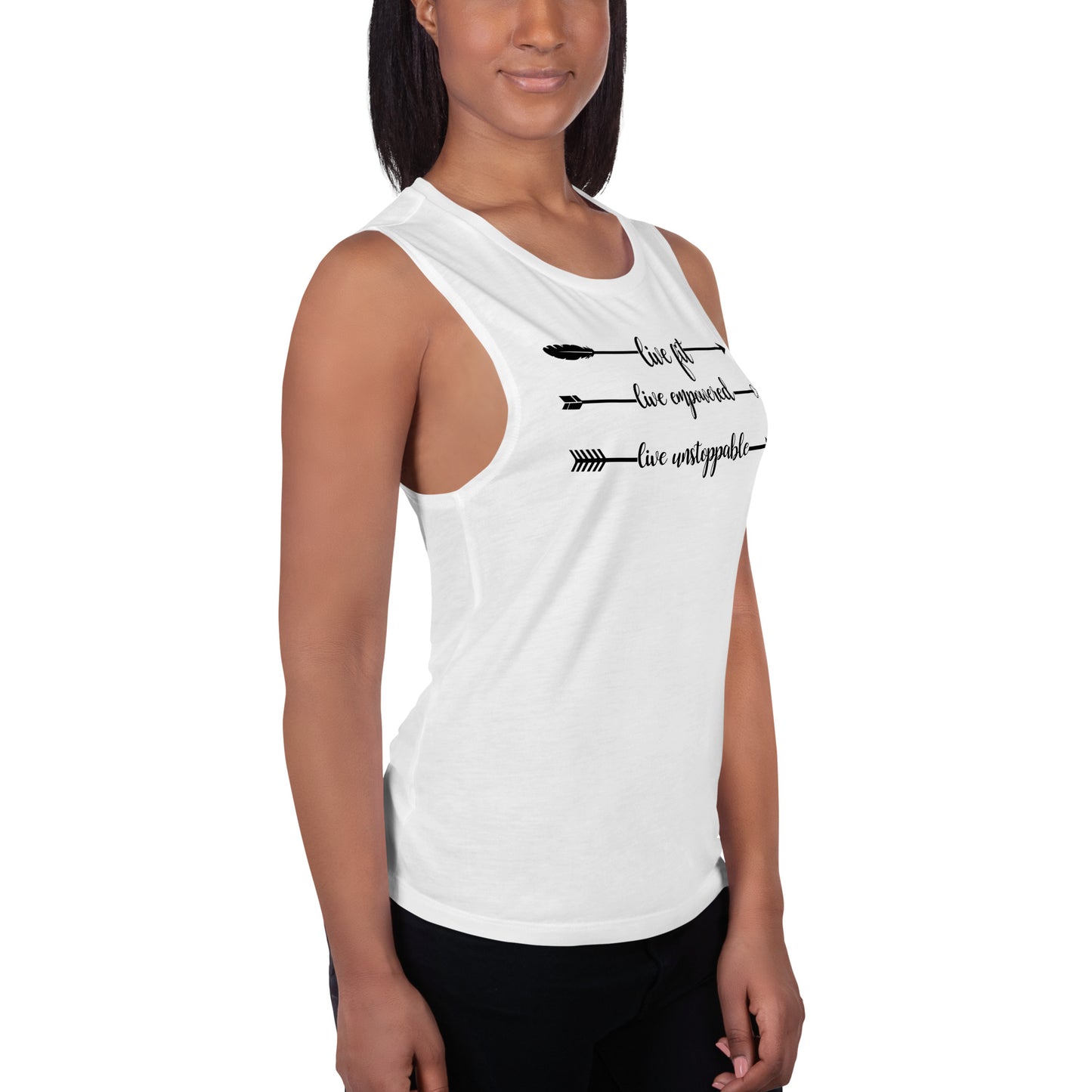 Live Fit, Live Empowered, Live Unstoppable Women's Fitness T-Shirt (Black Logo)