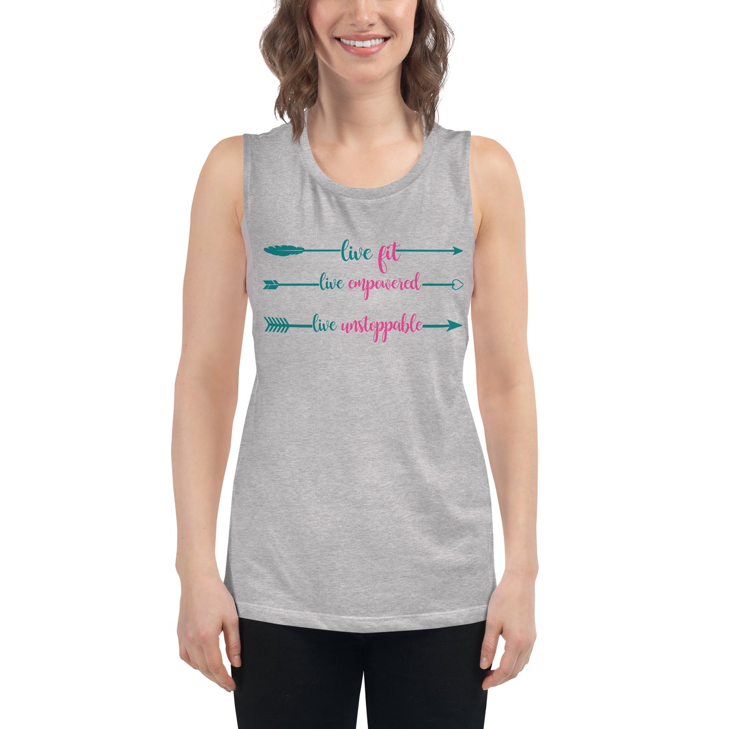 Live Fit, Live Empowered, Live Unstoppable Women's Fitness T-Shirt (Teal & Pink Logo)