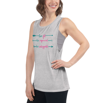 Live Fit, Live Empowered, Live Unstoppable Women's Fitness T-Shirt (Teal & Pink Logo)