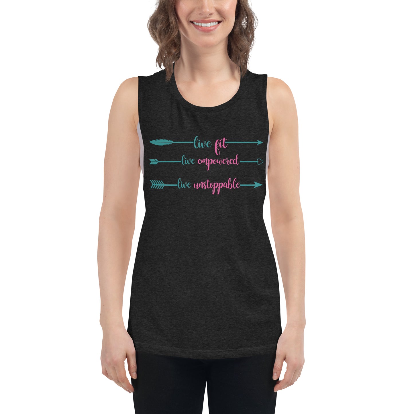 Live Fit, Live Empowered, Live Unstoppable Women's Fitness T-Shirt (Teal & Pink Logo)