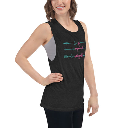 Live Fit, Live Empowered, Live Unstoppable Women's Fitness T-Shirt (Teal & Pink Logo)