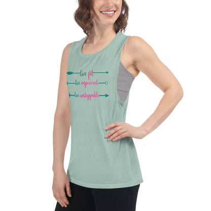 Live Fit, Live Empowered, Live Unstoppable Women's Fitness T-Shirt (Teal & Pink Logo)