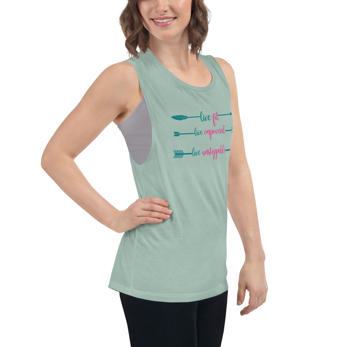 Live Fit, Live Empowered, Live Unstoppable Women's Fitness T-Shirt (Teal & Pink Logo)