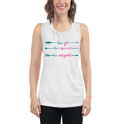 Live Fit, Live Empowered, Live Unstoppable Women's Fitness T-Shirt (Teal & Pink Logo)