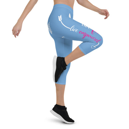 Live Fit, Live Empowered, Live Unstoppable (Blue & White Logo)Women's Fitness Capri Leggings