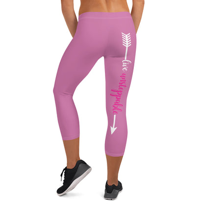 Live Fit, Live Empowered, Live Unstoppable (Pink & White Logo)Women's Fitness Capri Leggings