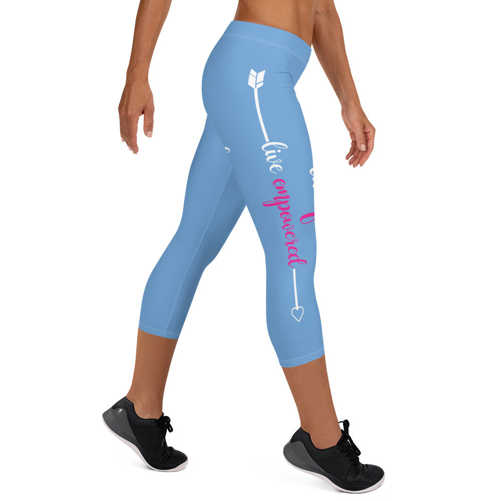 Live Fit, Live Empowered, Live Unstoppable (Blue & White Logo)Women's Fitness Capri Leggings