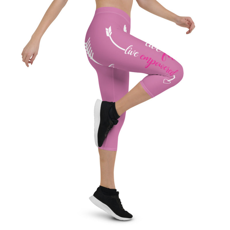 Live Fit, Live Empowered, Live Unstoppable (Pink & White Logo)Women's Fitness Capri Leggings