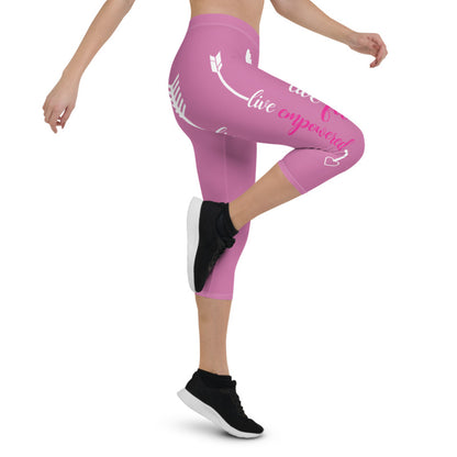 Live Fit, Live Empowered, Live Unstoppable (Pink & White Logo)Women's Fitness Capri Leggings