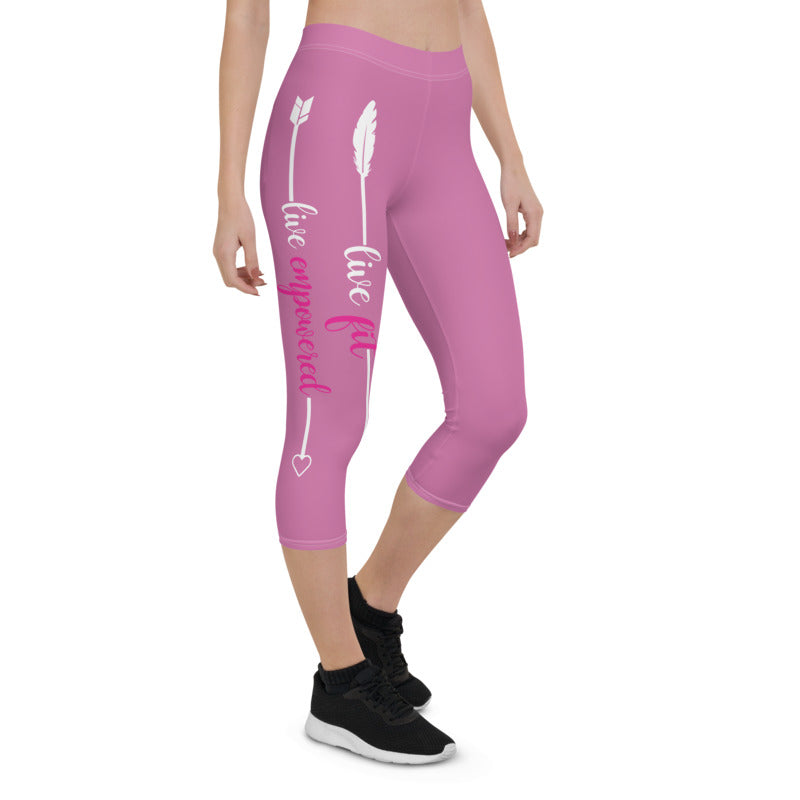 Live Fit, Live Empowered, Live Unstoppable (Pink & White Logo)Women's Fitness Capri Leggings