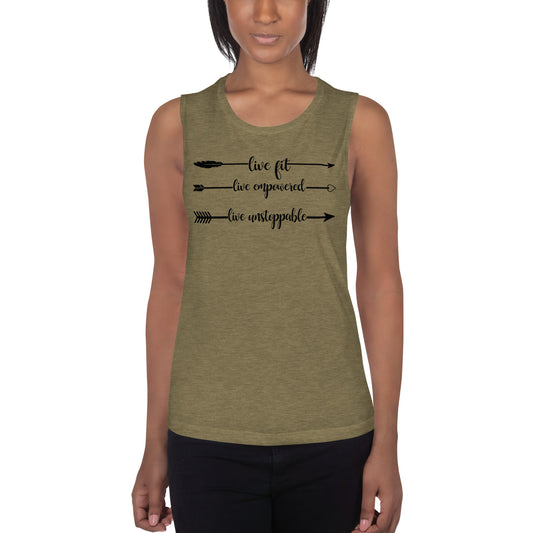 Live Fit, Live Empowered, Live Unstoppable Women's Fitness T-Shirt (Black Logo)