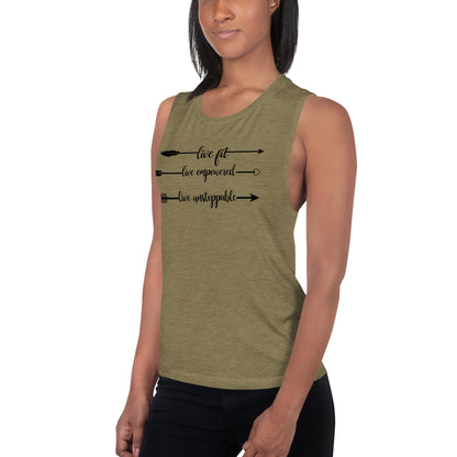 Live Fit, Live Empowered, Live Unstoppable Women's Fitness T-Shirt (Black Logo)
